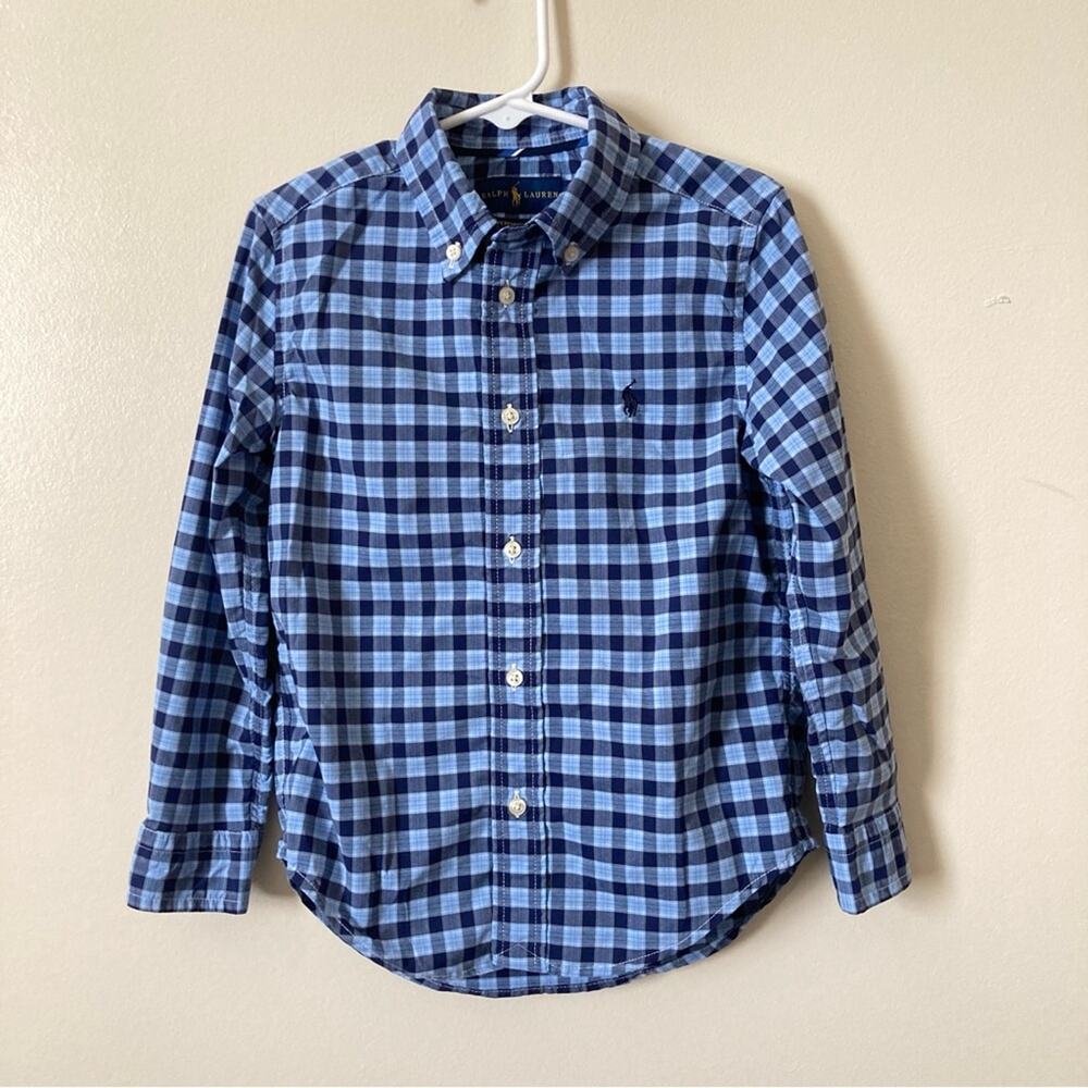 Ralph Lauren Boys Size 5 Plaid Button Down Shirt Blue Lightweight Preppy Classic